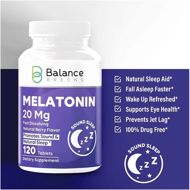 Viên ngậm uống giúp ngủ ngon Balance Breens Natural Sleep-Aid Extra-Strength Melatonin 20mg 120viên USA