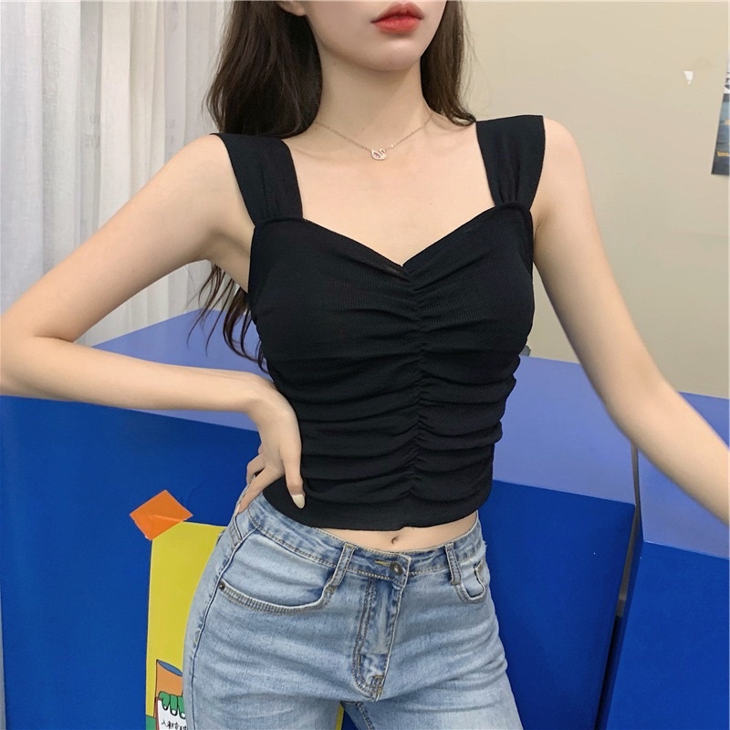 Áo kiểu hai dây nhún ngực chất dệt kim phong cách Hàn Quốc Freesize | BigBuy360 - bigbuy360.vn