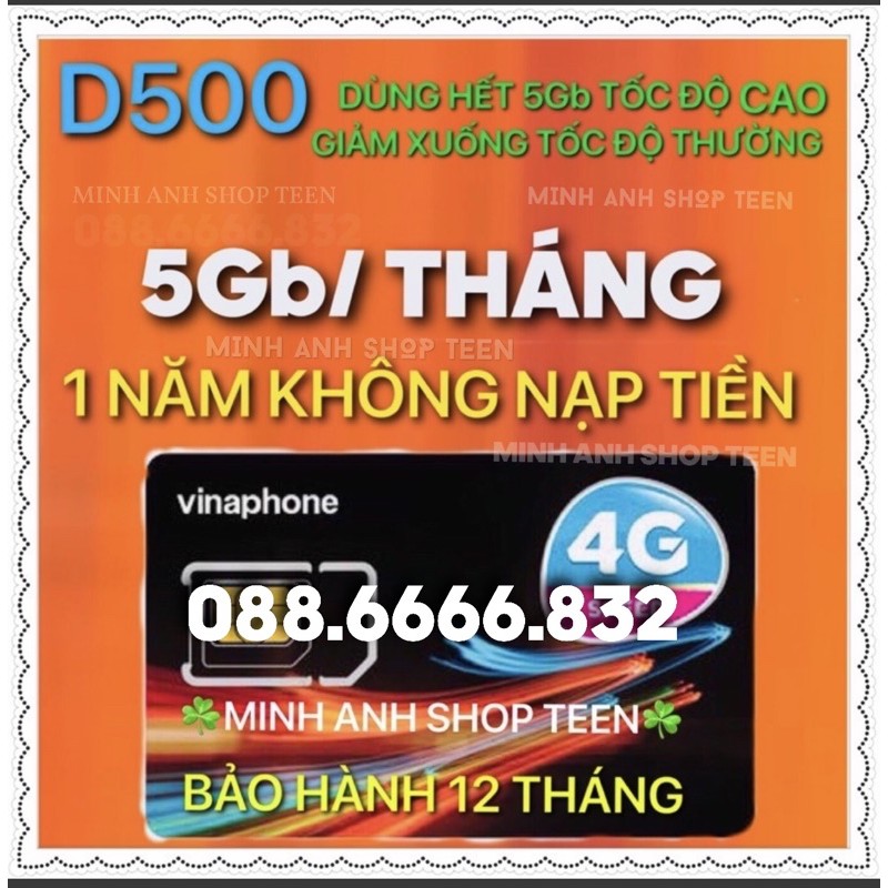 SIM VINA 4G D500 VÀO MẠNG 1 NĂM KHÔNG NẠP TIỀN 60Gb max băng thông