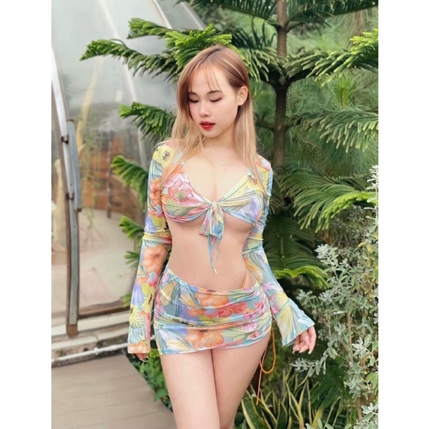 Bikini set 3 món tay dài hoa cột nơ phong cách sexy quyến rũ