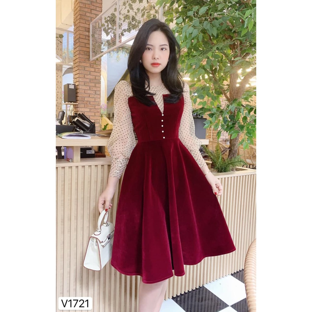 Đầm chất nhung dáng xòe V1721_Hela Shop [Kèm ảnh thật]