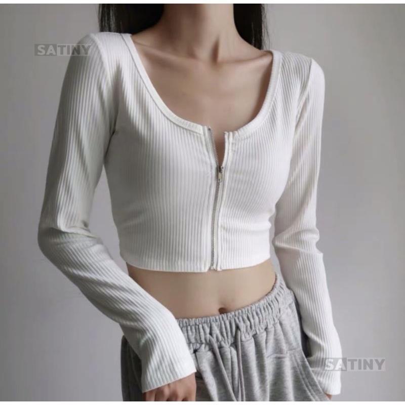 Áo croptop tay dài DÂY KÉO NGỰC thun gân Ulzzang, Áo thun nữ dài tay chất vải tốt mặc đẹp Satiny DB64