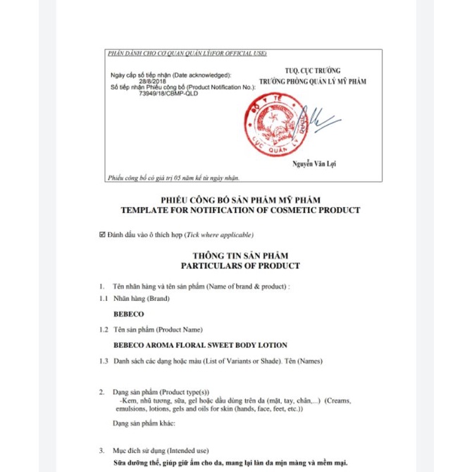 Dưỡng thể hoa cúc Bebeco hương thơm ngọt ngào ngọt ngào