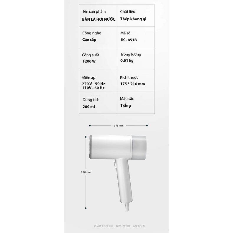 Bàn là hơi nước cầm tay công suất lớn 1200W, bàn ủi hơi cầm tay dung tích bình chứa nước 200ml, bàn là màu trắng sang