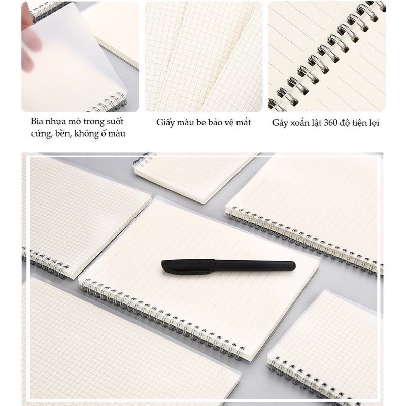 Sổ Lò xo xoắn A5/A6/B5 Bìa Còng Nhựa Trong Suốt Bullet Journal Chất Giấy Cực Đẹp