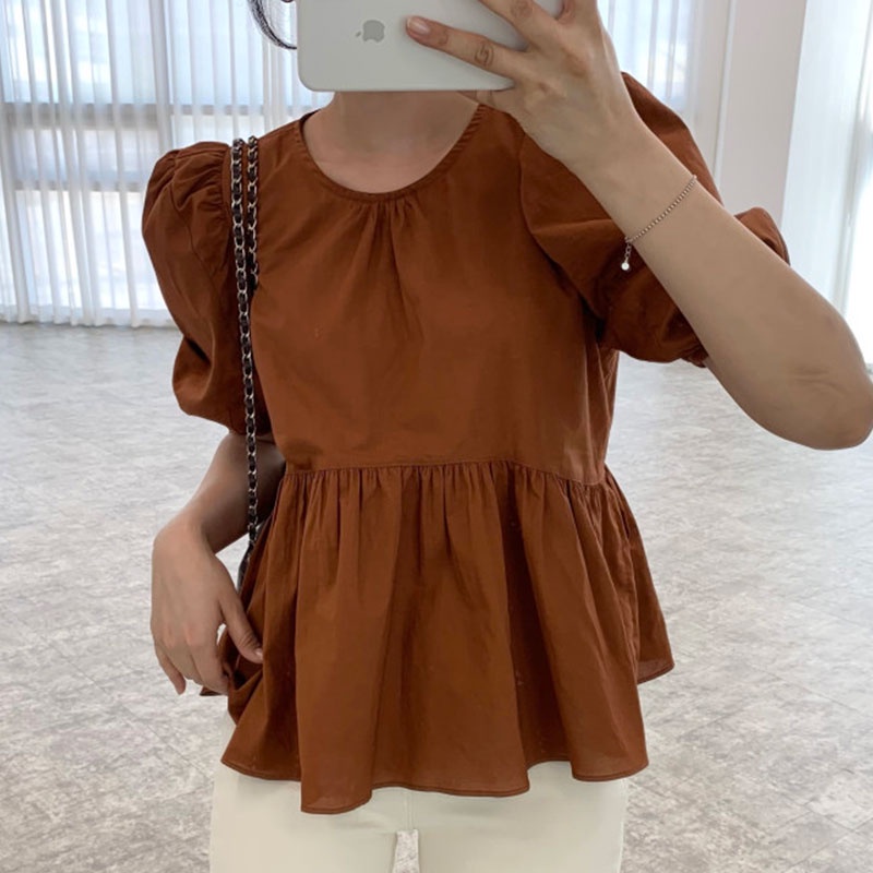 Áo Sơ Mi Tay Ngắn Phồng Cổ Tròn Màu Trơn Đơn Giản Thời Trang Cho Nữ