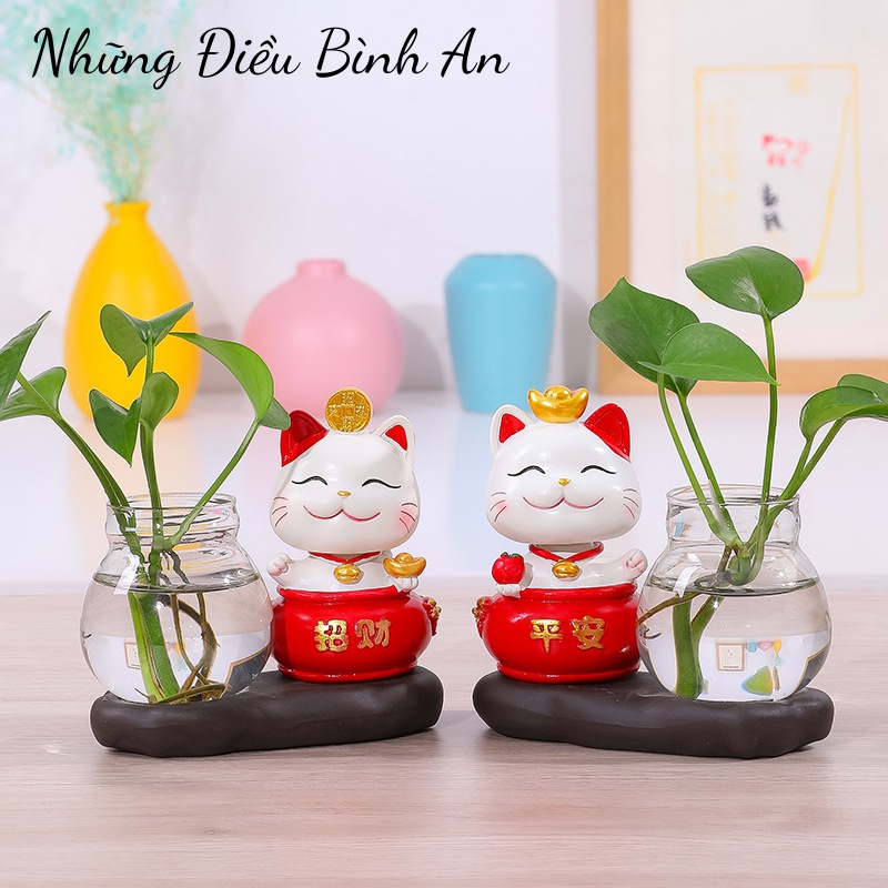 Chậu cây thủy sinh kèm Mèo may mắn phong thủy dễ thương trang trí nhà cửa, bàn làm việc💕FREESHIP 50k💕-Những Điều Bình An