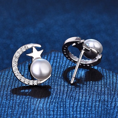 Bông Tai Bạc 925 Hình Trăng Sao Đính Ngọc Trai Lấp Lánh Phong Cách Hàn Quốc Thời Trang Cho Nữ-S1