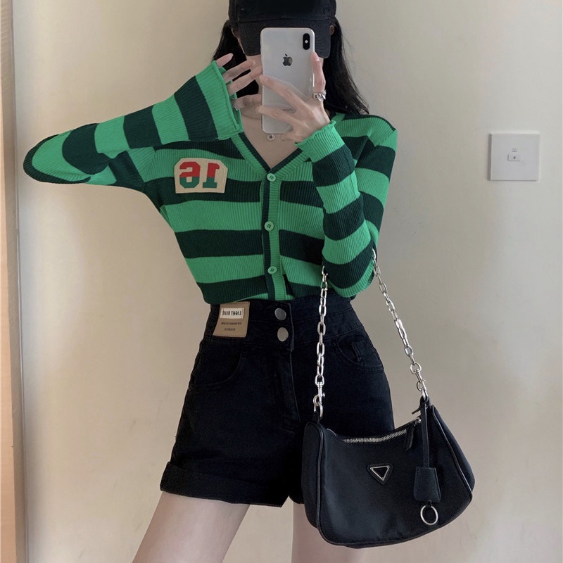 -#Áo Khoác Cardigan Dệt Kim Tay Dài Cổ Chữ v Họa Tiết Kẻ Sọc Dáng Rộng Thời Trang Mùa Hè Cho Nữ