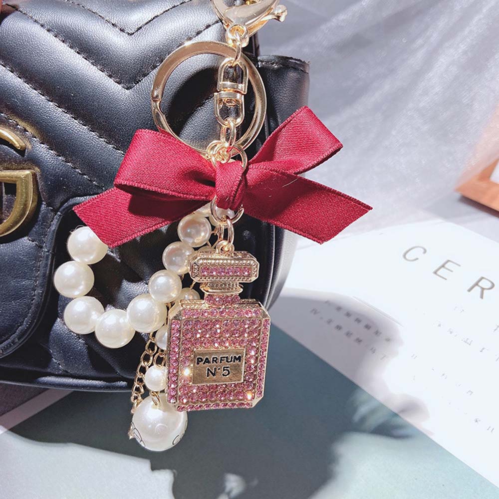 Móc chìa khóa hình lọ nước hoa đính ngọc trai nhân tạo tinh xảo thời trang