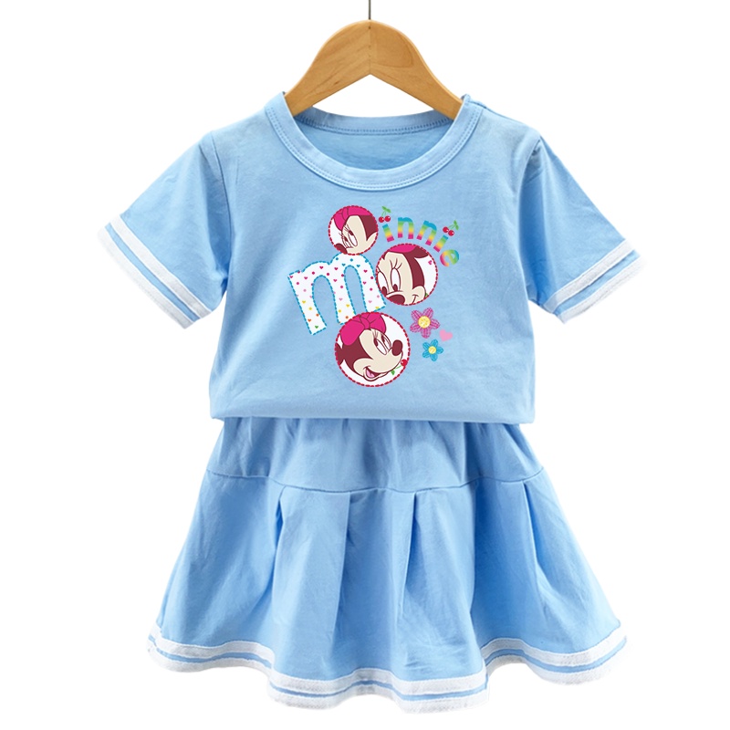 Bộ 2 Món Áo Thun 100% Cotton + Chân Váy Xếp Ly Họa Tiết Chuột Mickey Minnie Dễ Thương Cho Bé Gái 2022