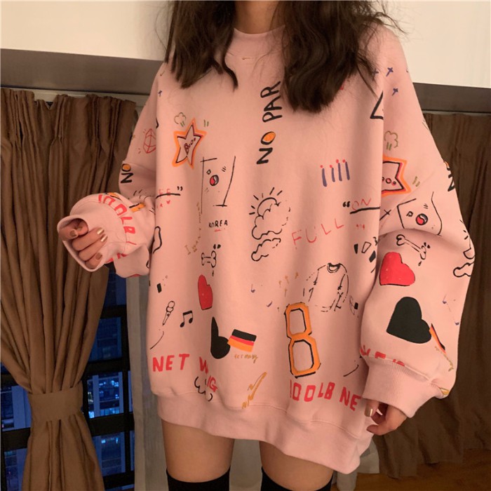 Áo hoodie thời trang nữ họa tiết graffiti phong cách Hàn Quốc