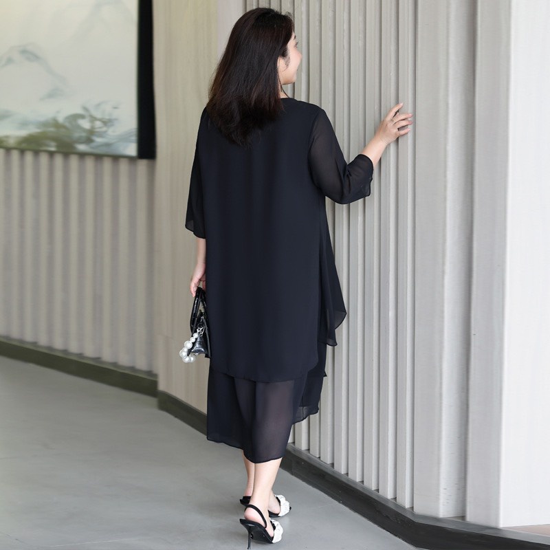 Đầm Váy Dạo Phố Big Size MAIHOUSE Dáng Suông Cổ Tròn Tà Đắp Chéo Tay Lửng Chất Tằm Ý Màu Đen Đỏ - D2374