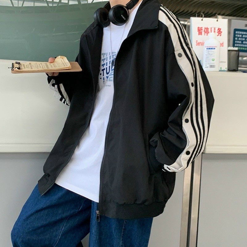 Áo khoác bóng chày form rộng vải dù cao cấp tay chạy 3 sọc phối nút