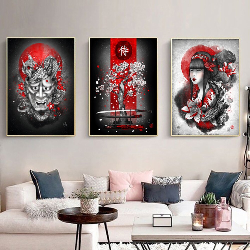 Tranh vải canvas hình Geisha Nhật Bản và hình cá âm dương treo tường trang trí cho phòng khách