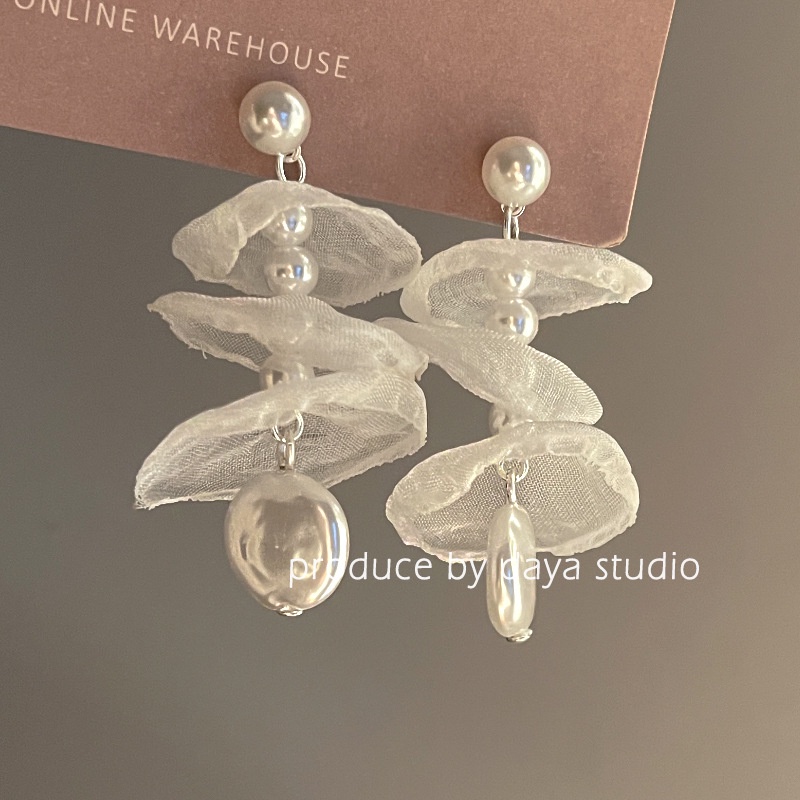 Bông Tai chiffon Đính Ngọc Trai Phong Cách Thần Tiên vintage Pháp