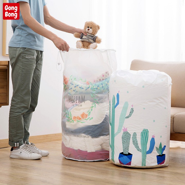 Túi đựng chăn màn quần áo 135l chống thấm nước hình thú cute có dây rút túm miệng cất trữ đồ tiện lợi