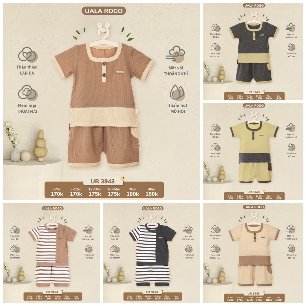 Quần áo bé trai Ualarogo 6 tháng - 4 tuổi cộc tay hè vải cotton thấm hút thoáng mát cổ tròn quần đùi