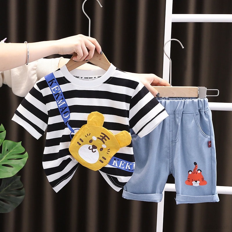 Set Áo Thun Ngắn Tay Cổ Tròn Kẻ Sọc Và Quần Short Denim Thời Trang Mùa Hè Cho Bé Trai