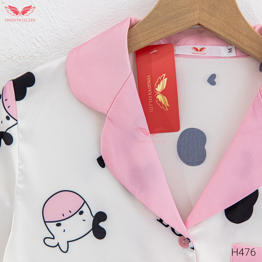 Đồ Bộ Nữ Pijama Mặc Nhà VINGO Lụa Pháp Cao Cấp Tay Cộc Quần Cộc Họa Tiết Bò Sữa Hồng Love Trẻ Trung Mùa Hè H476 VNGO