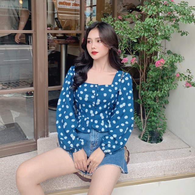 Áo hoa nhí tay phồng, LUCETFASHION Remy Top, áo croptop kiểu