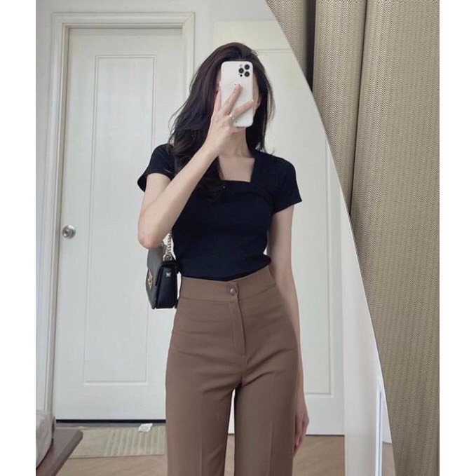 Áo Thun tăm CỔ U BO TAY NGẮN Kiểu Dáng Ôm Trơn Basic Nữ Tay Ngắn Sexy Màu Trắng Đen be