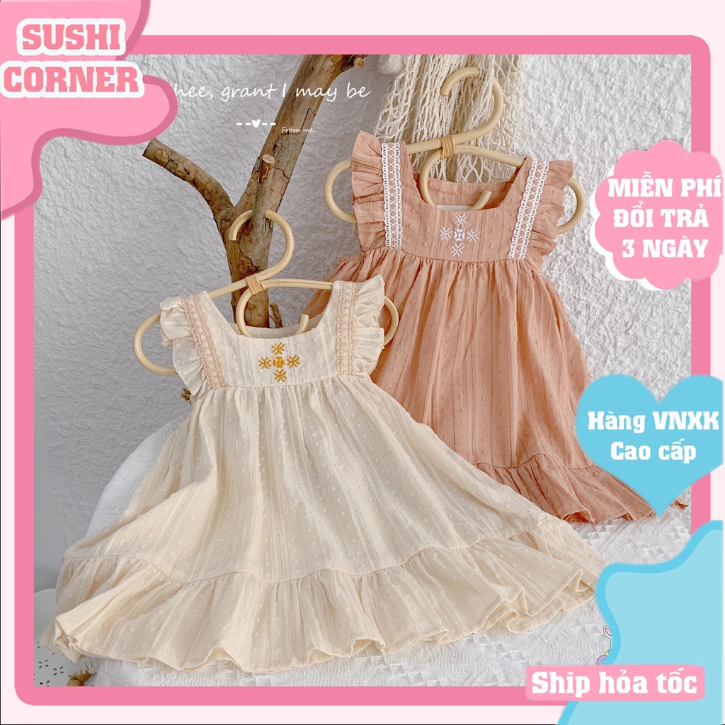 Váy cho bé gái Sushi's Corner - Váy baby doll nâu đất thêu ngực chất cotton mềm mịn