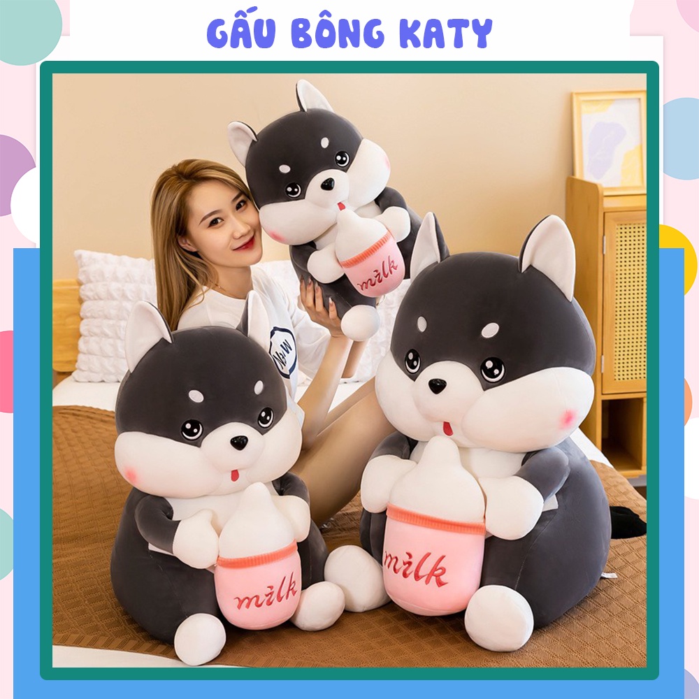 Gấu bông chó Husky ôm bình sữa, Thú nhồi bông chó ôm bình sữa cute size 80cm/60cm/40cm cao cấp