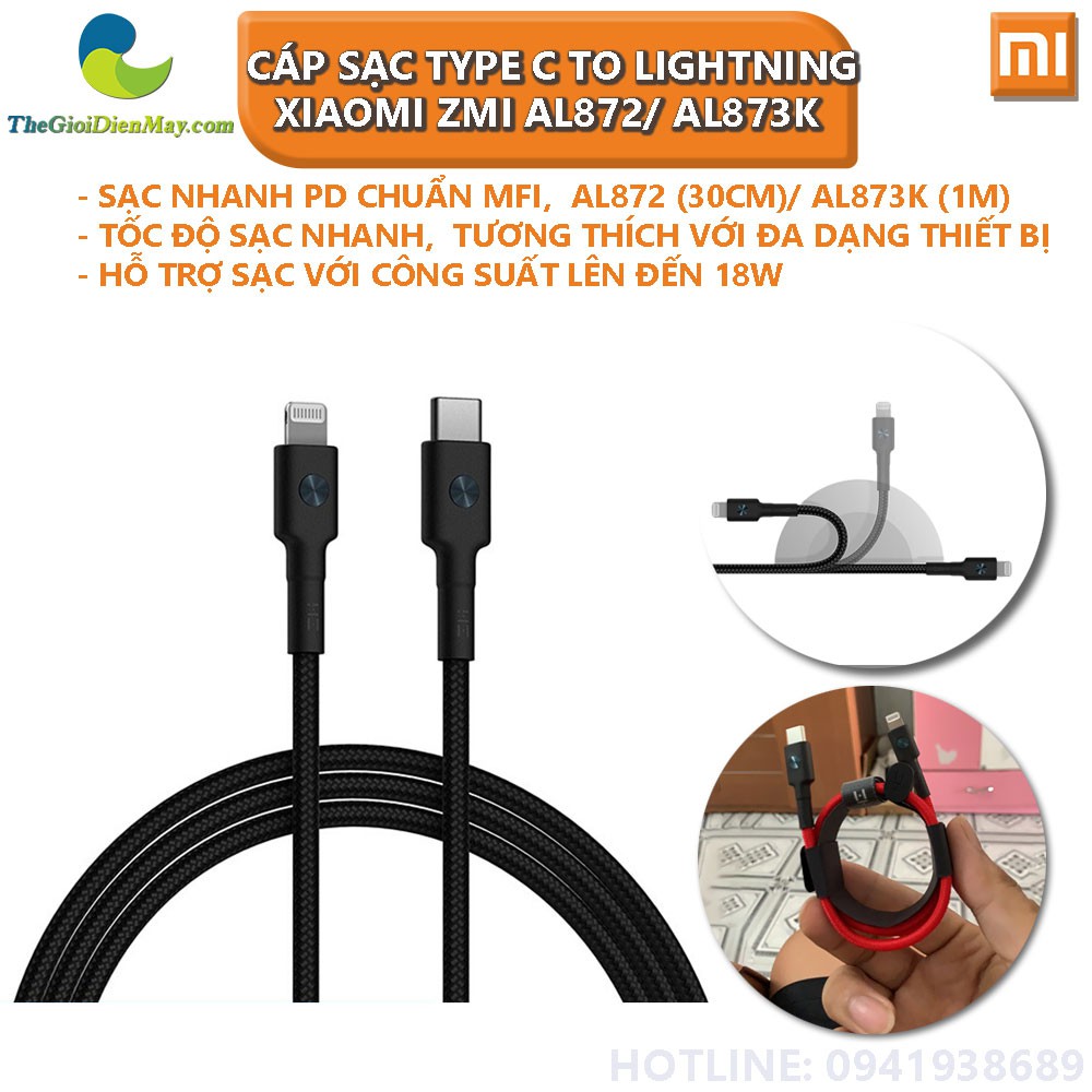 Dây Cáp Sạc nhanh PD chuẩn MFI Xiaomi ZMI AL872 (30cm)/ AL873K (1m) Type C to Lightning bọc Kevlar