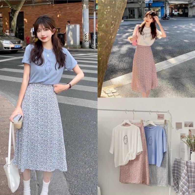SET ÁO PHÔNG MIX CHÂN VÁY MIDI HOA NHÍ VINTAGE