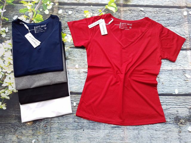 áo thun nữ cổ tim [CHÍNH HÃNG]❤FREESHIP❤ Áo cotton trơn cổ tim, phom body ôm dáng. Hàng công ty Lendsead. Dáng basic