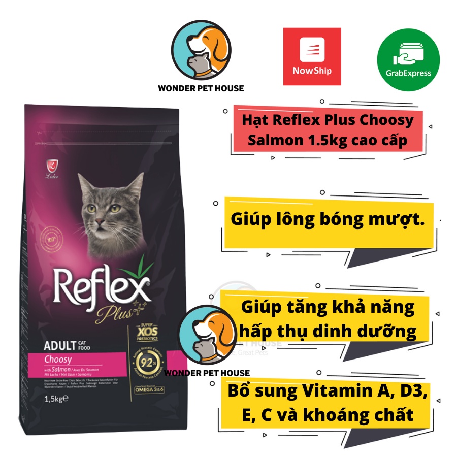 Hạt thức ăn khô Reflex Plus Adult Choosy Salmon 1.5kg vị gà cao cấp với công thức cân bằng, hoàn chỉnh dành cho mèo lớn