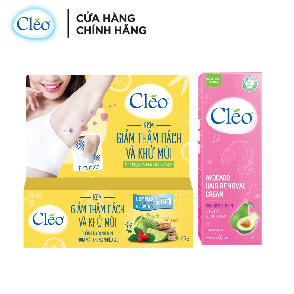 Combo Kem giảm thâm nách &amp; khử mùi Cléo 35g và Kem tẩy lông cho da nhạy cảm Cléo 50g