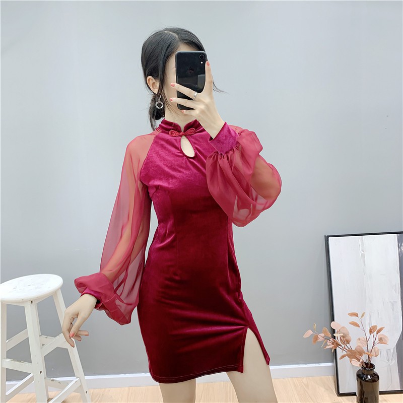 Sườn xám nhung tay phồng đủ size