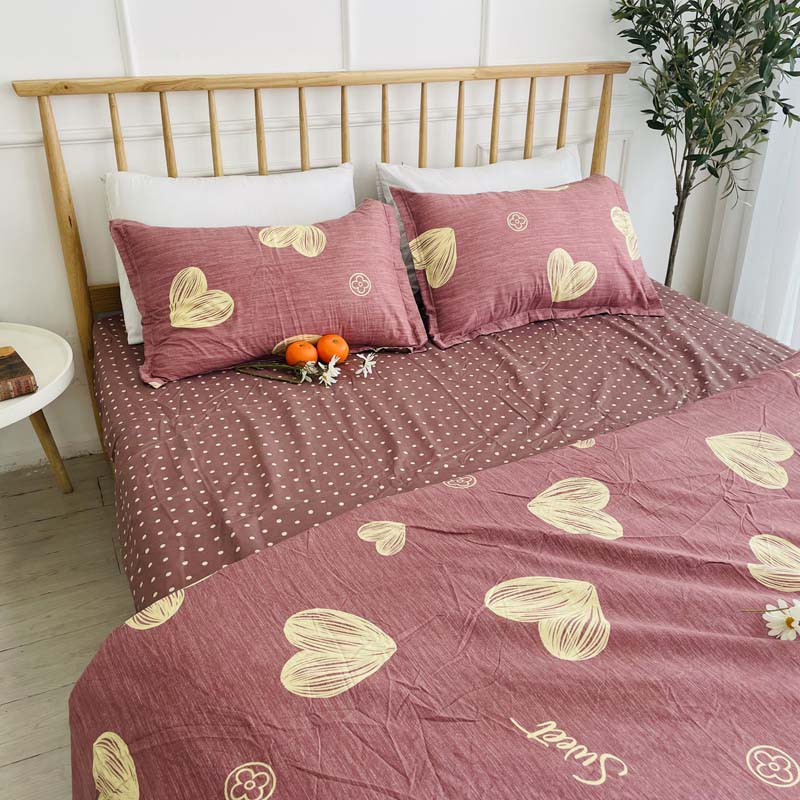 Bộ chăn ga gối cotton poly lidaco tim vàng SP001313
