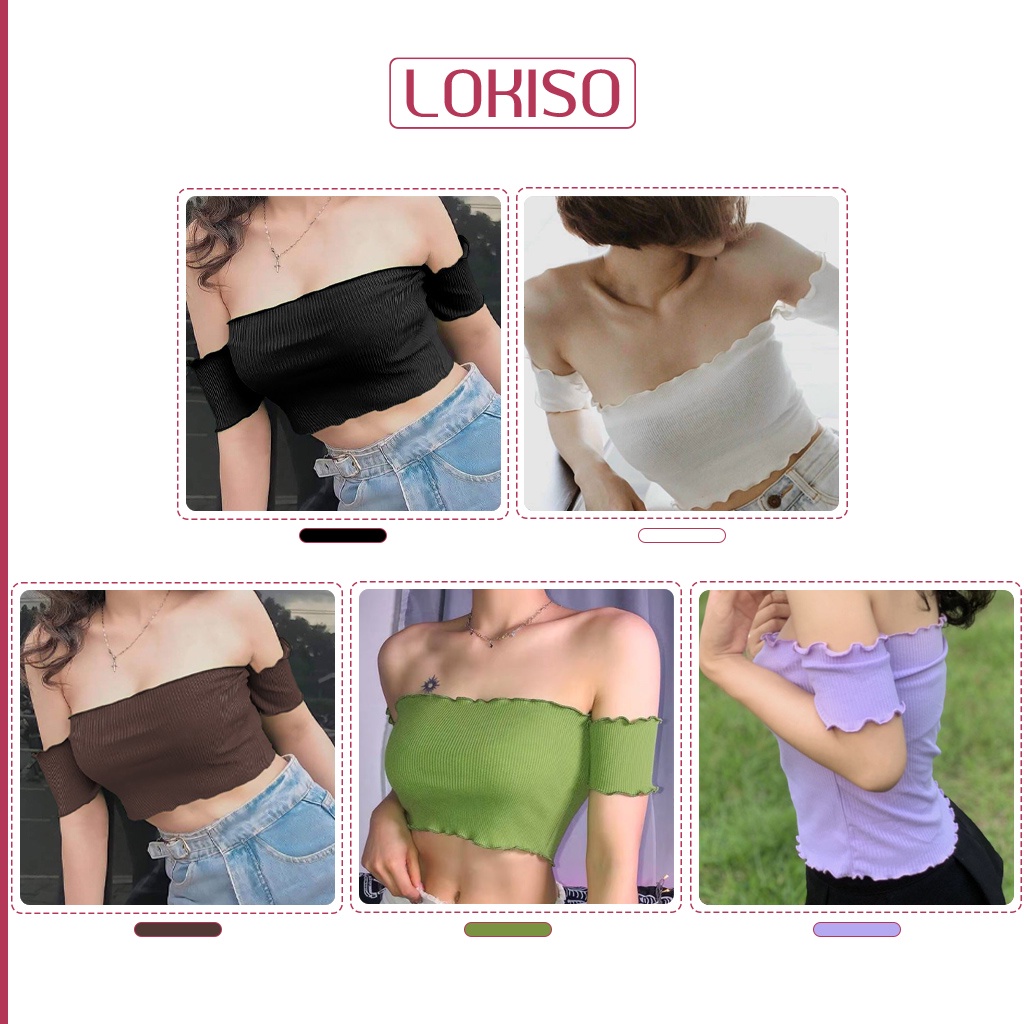 Áo croptop trễ vai ôm body tay ngắn phối bèo thun tăm nhỏ JANISA CT13