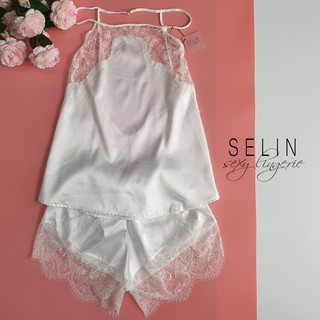 [Hình thật + video] Đồ bộ ngắn cổ yếm lụa satin phối ren DB002