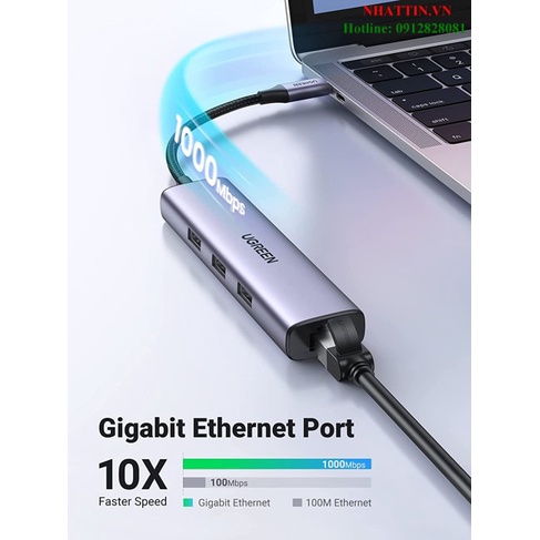 Hub chia USB Type-C to 3 cổng USB 3.0 Type-A kèm Lan Gigabit, vỏ nhôm Ugreen 60600 cao cấp