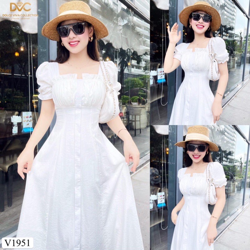 Váy trắng xoè dáng dài, cổ vuông, tay ngắn bo, đầm thiết kế DVC