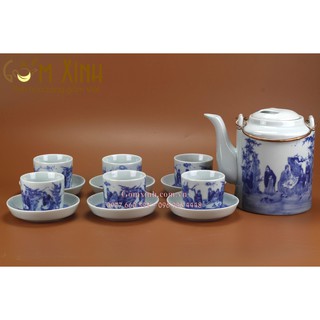 ấm chén Bát Tràng_Bộ ấm tích 1.5 lít Trúc Lâm Thất Hiền men Lam Cổ