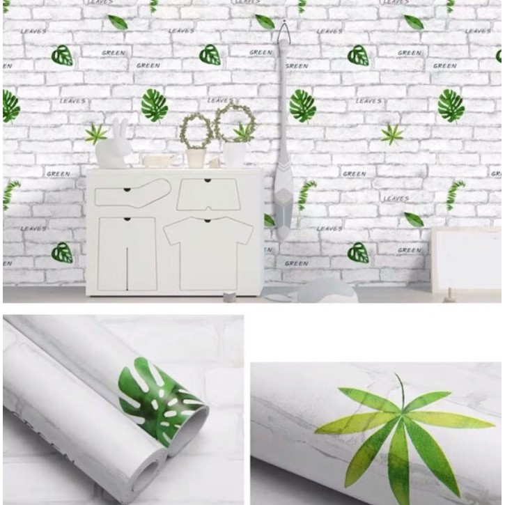 Decal giấy dán tường gạch trắng và chiếc lá khổ 45cm keo sẵn