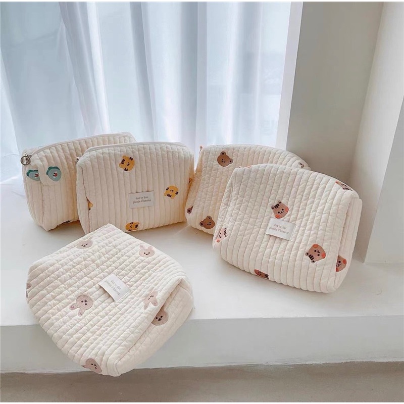 Túi treo xe đẩy/túi đựng đồ đa năng cho bé có khóa kéo thêu hình gấu/hoa vintage phong cách Hàn Quốc