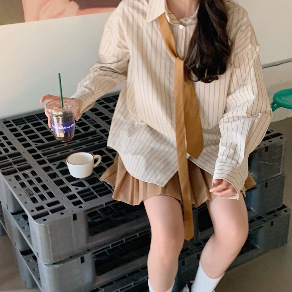 Set Áo Sơ Mi Kẻ Sọc Và Chân Váy Xếp Ly Thời Trang Xuân Hè Trẻ Trung Cho Nữ