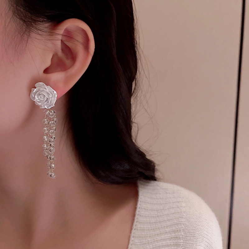 Bông Tai Dáng Dài Hình Hoa Trà Bằng Acrylic Phối Tua Rua Phong Cách Hàn Quốc Thời Trang Cho Nữ