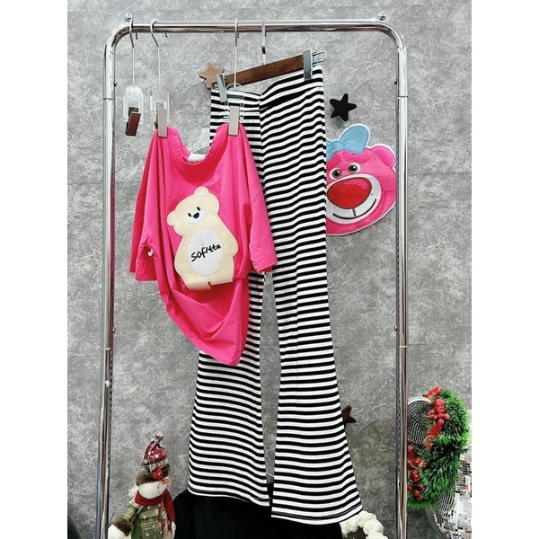 Set áo thun cotton gấu thêu quần ống rộng xinh xắn d8