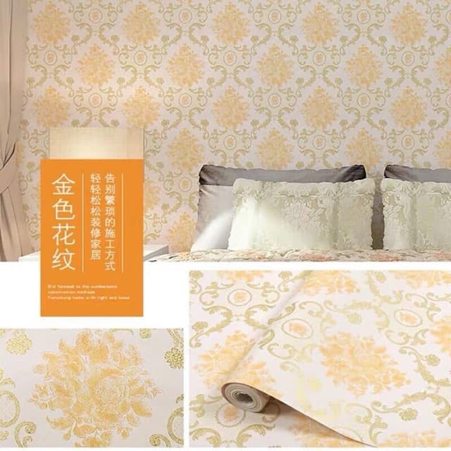 10m giấy dán tường hoa văn vàng sang trọng khổ rộng 45cm có keo dán sẵn