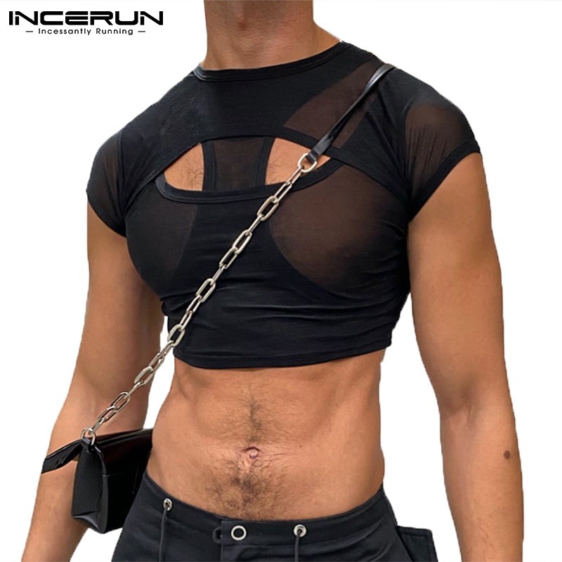 Áo croptop nam INCERUN tay ngắn khoét lỗ cổ tròn dạng lưới xuyên thấu gợi cảm
