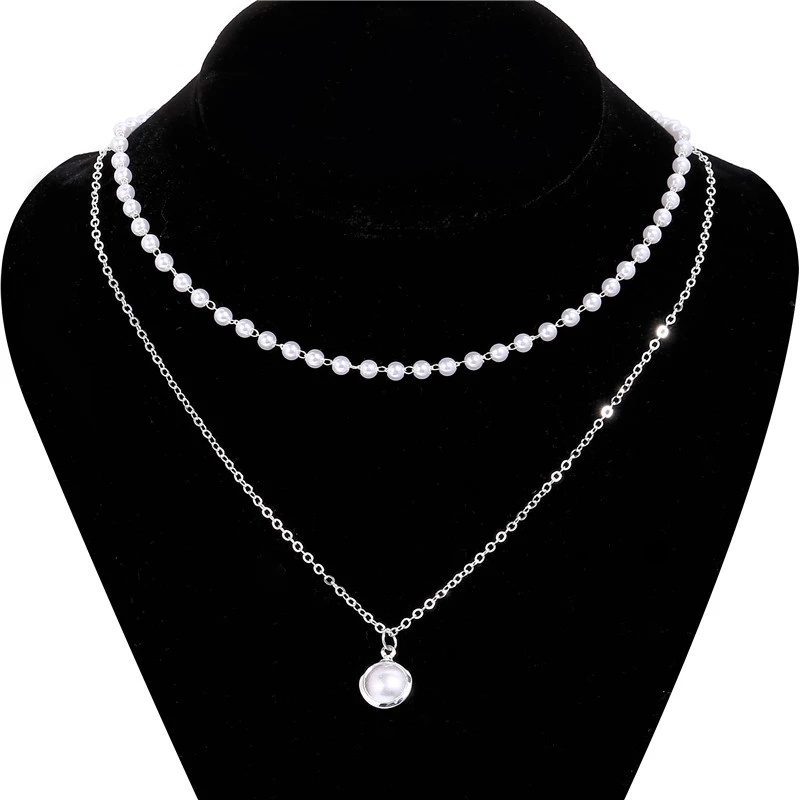 Dây chuyền kim loại hai lớp xỏ ngọc trai nhân tạo thời trang