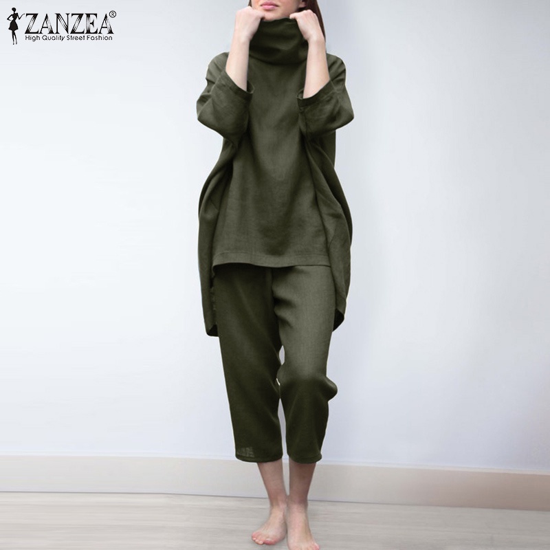 Bộ đồ ZANZEA gồm áo cổ lọ tay 3/4 dáng rộng phối túi màu trơn thời trang dành cho nữ