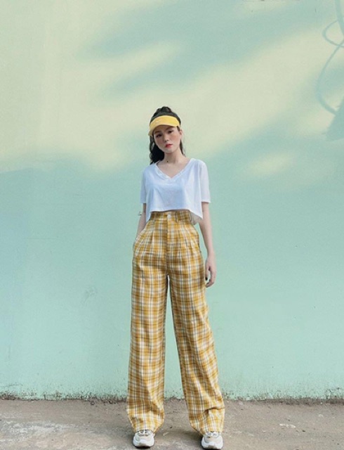 QUẦN ỐNG RỘNG KẺ CARO MÀU VÀNG SIÊU HOt, TJTCOI4